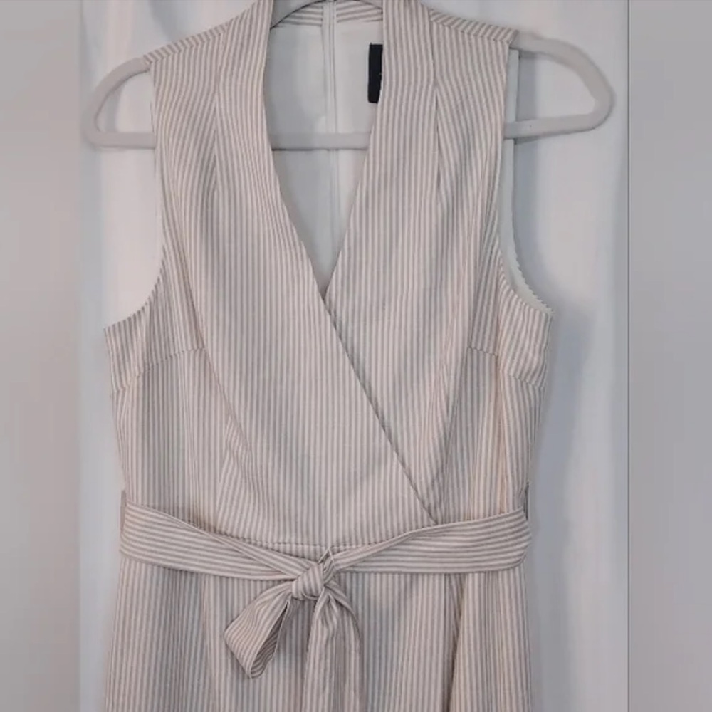 Alex Marie Cream and White Pinstripe Linen Midi Dress Size 4